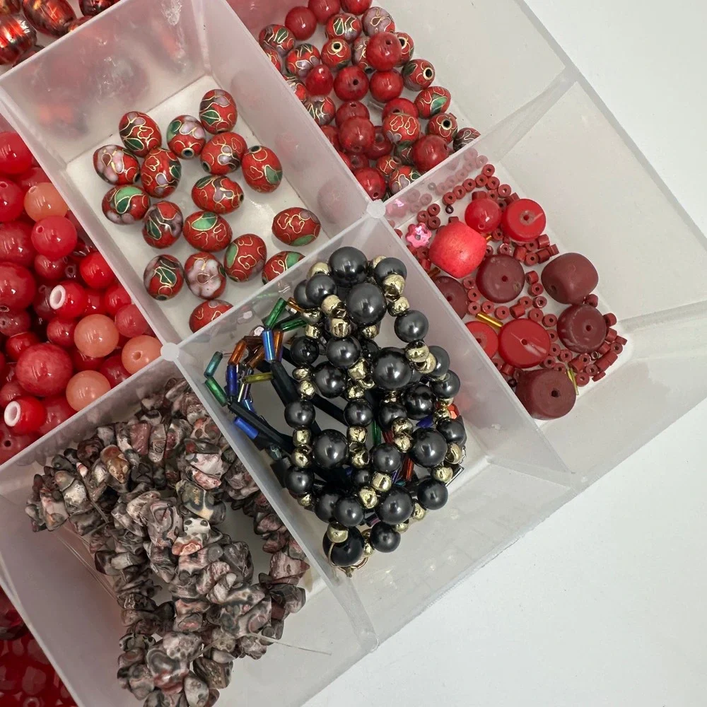 Large Red Glass Bead Lot Jewelry Making Supplies Floral Craft Organizer Case